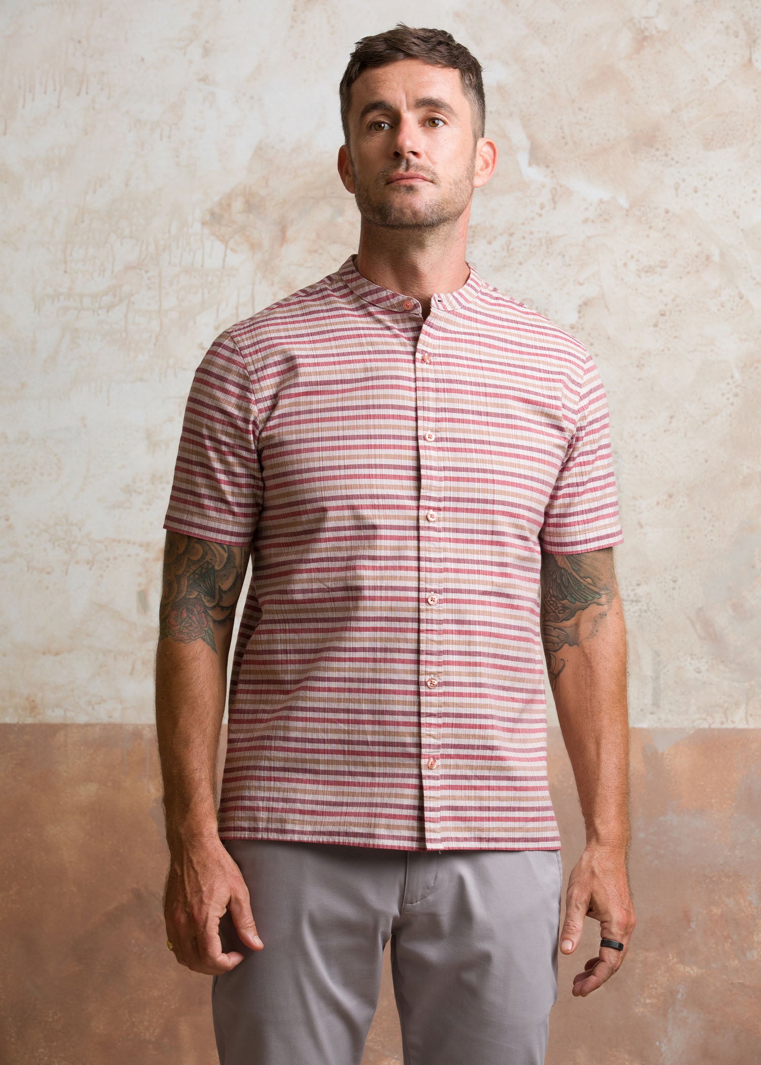 Casual Wear Stripe Manderine  Collar S/S Shirt
