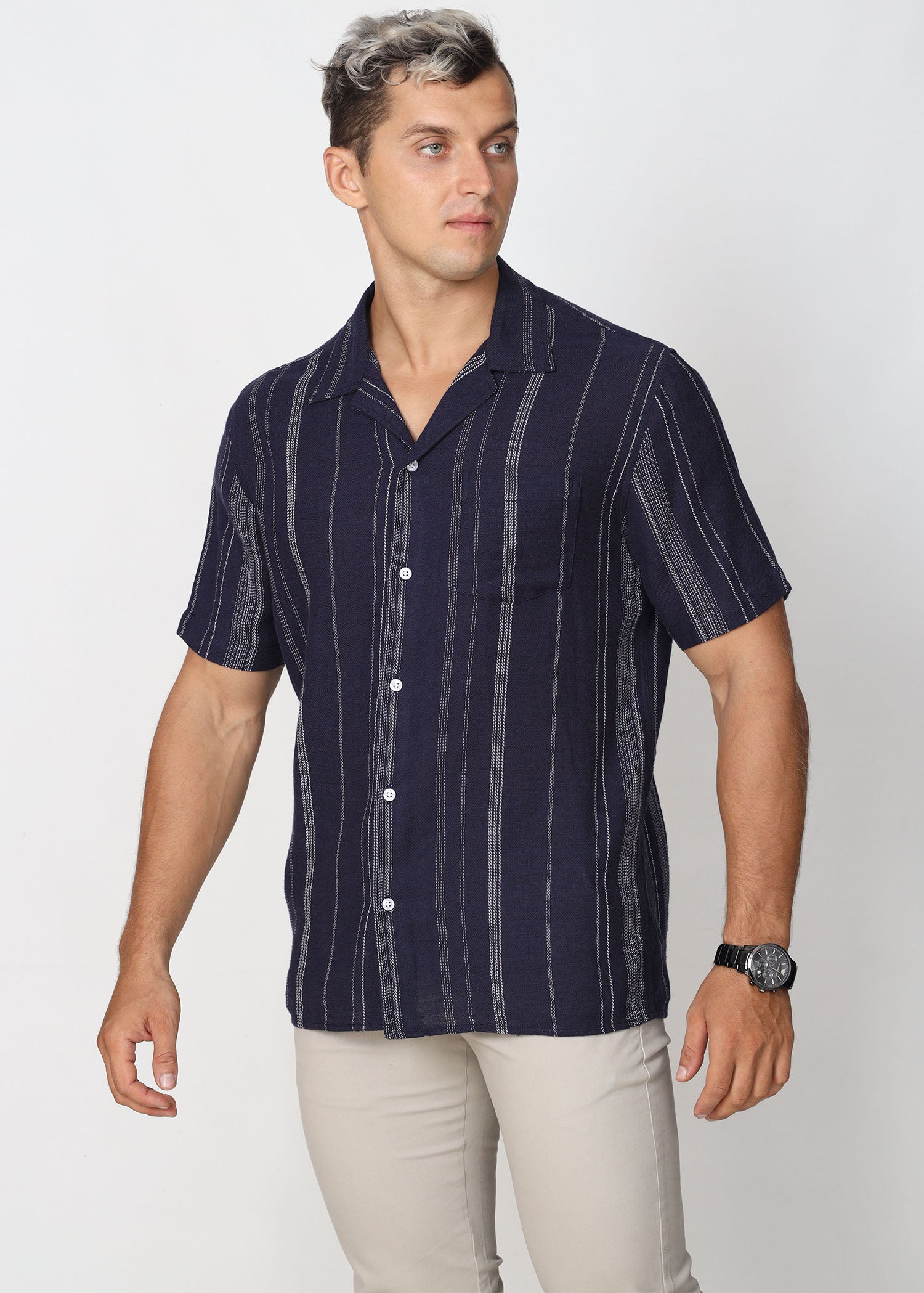 Casual Wear Stripe Cuban Collar S/S Shirt