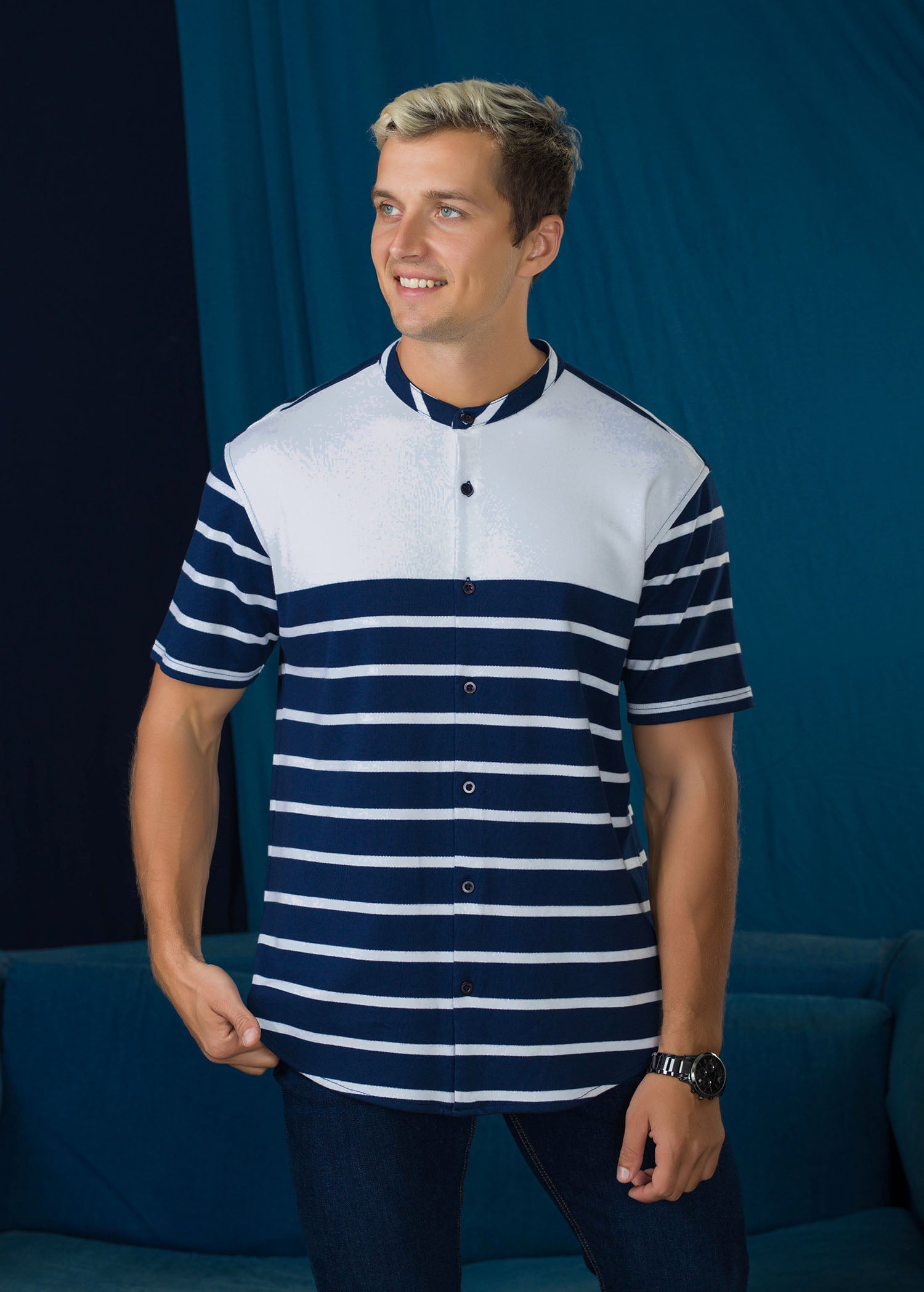 Manderin Collar Stripe S/S Shirt
