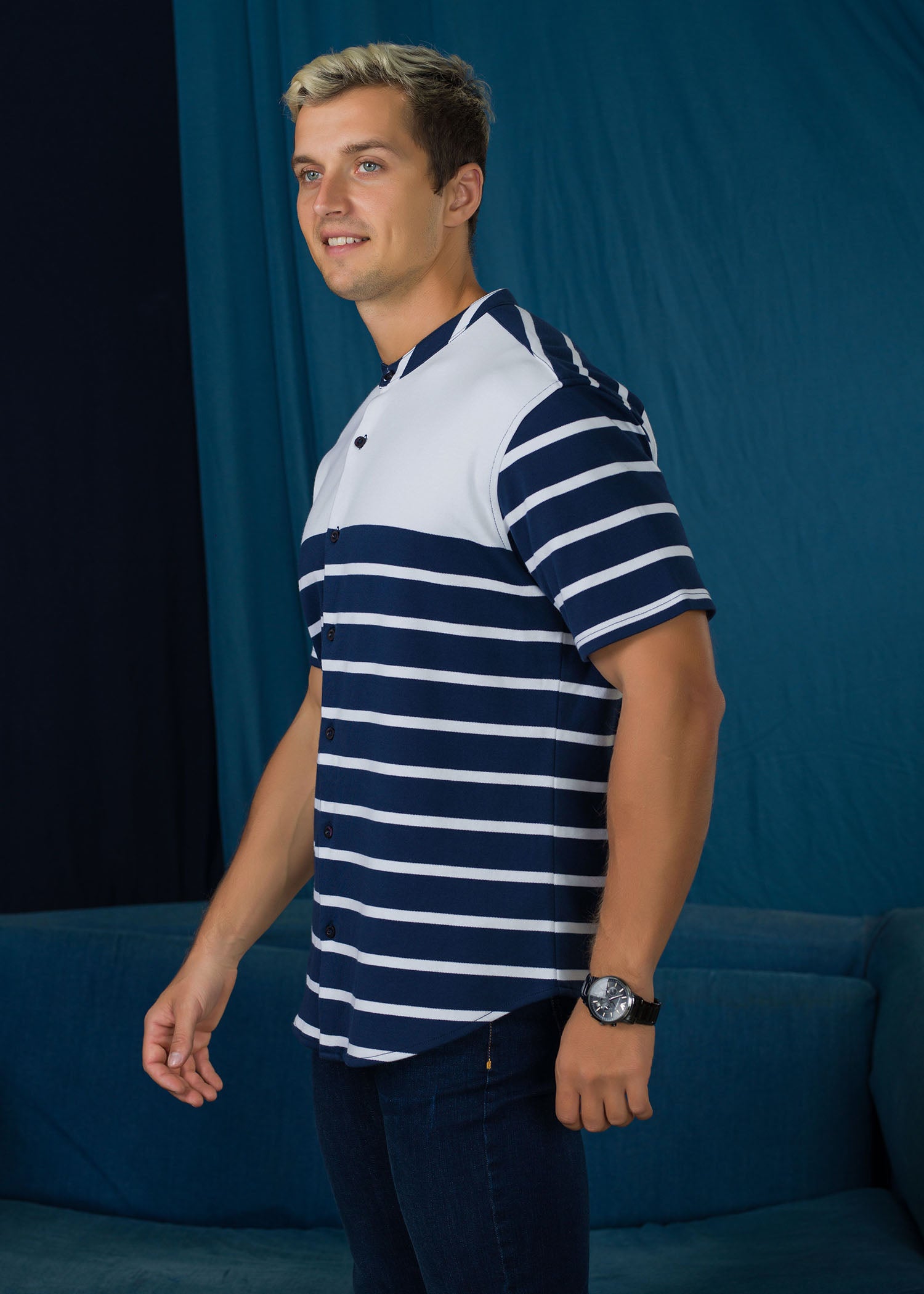 Manderin Collar Stripe S/S Shirt