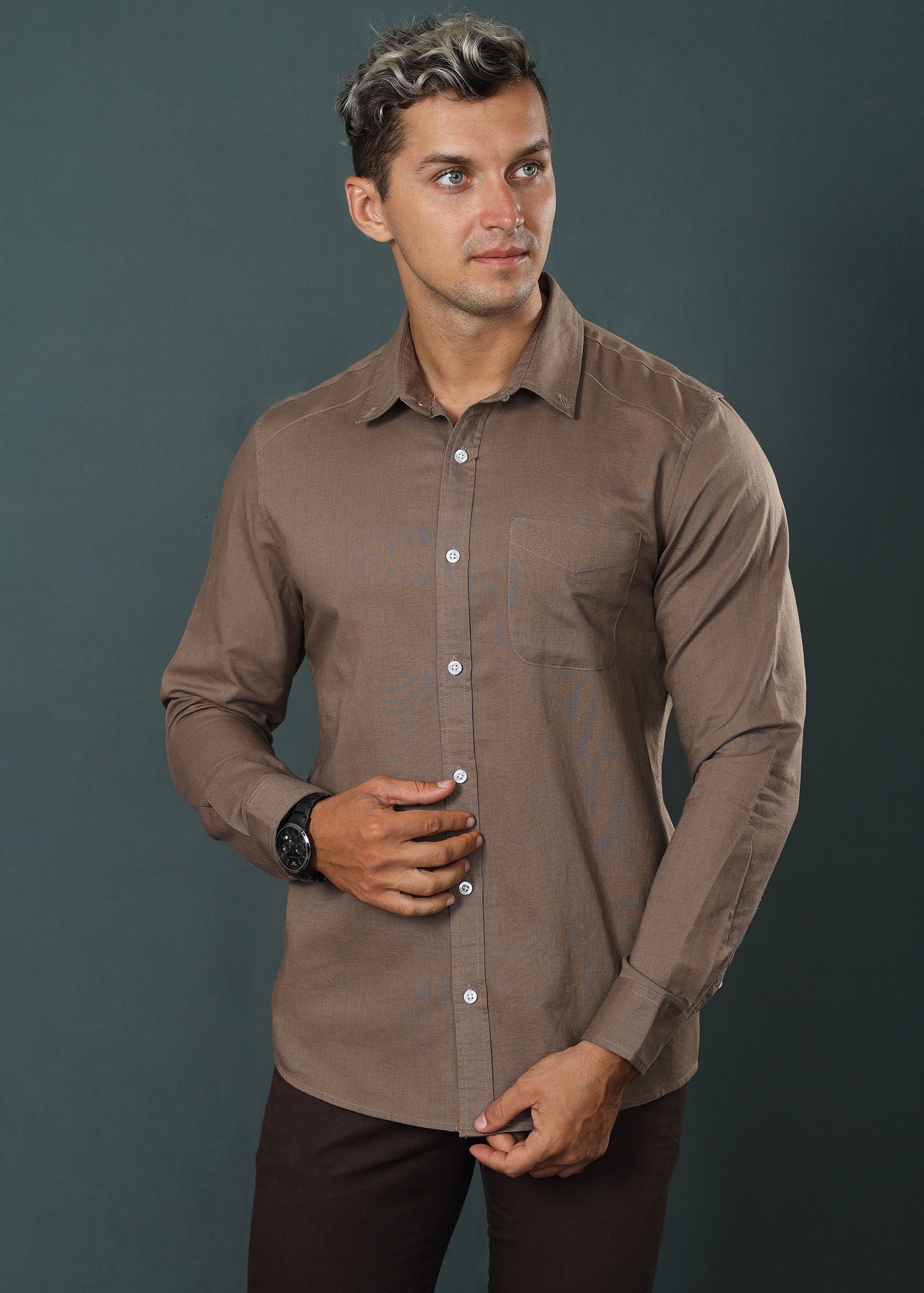Brown Detail Linen Shirt